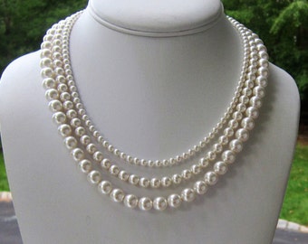 Graduated Pearl Necklace 3 Strands Bridal Necklace Bridal Jewelry Chunky Pearl Necklace Wedding Jewelry Bridesmaids Gift Triple Strand Sarah