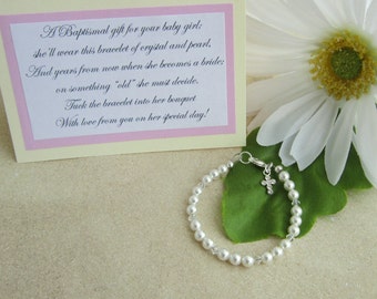 Baptismal Bracelet Girls Pearl and Crystal Sterling Silver, Christening