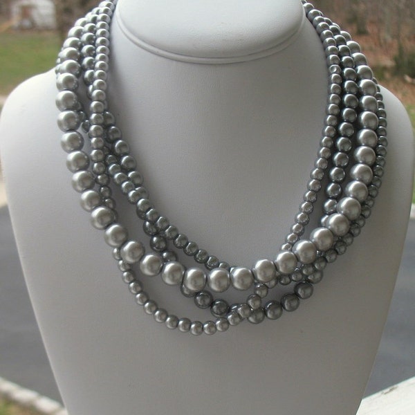 Silver Pearl Necklace, Gray Pearl Necklace, Chunky Necklace, Statement Necklace, Chunky Silver Necklace, Large, Shades of Gray, Peppered