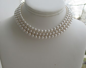 Pearl Choker Necklace Three Strand Pearl Necklace Choker Pearl Necklace Bridal Womens Gifts Bridal Jewelry Pearl Jewelry 3 strand choker