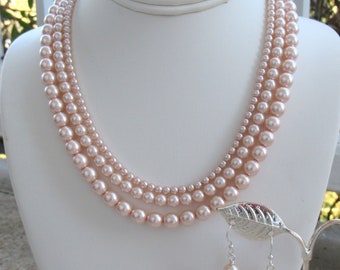 Blush Pink Crystal Pearl Necklace Set with Earrings