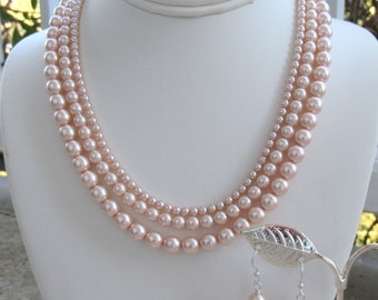 Blush Pink Pearl Necklace Set Graduated Pink Pearl Necklace Blush Pink Necklace Set Blush Pink Pearls Gift for Bridesmaids Gift