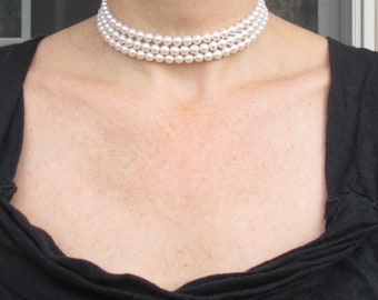 Pearl Choker Necklace Three Strand Pearl Necklace Choker Pearl Necklace Bridal Womens Gifts Bridal Jewelry Pearl Jewelry 3 strand choker