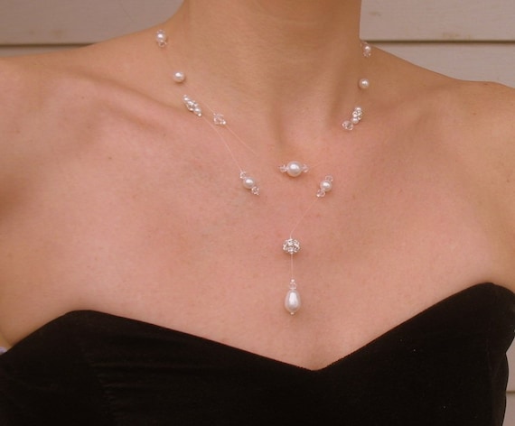 Simple Floating Pearls Illusion Necklace /& Stud Earrings Set Minimal Wedding Jewelry for women brides Pearl Jewelry Set for Bridesmaids