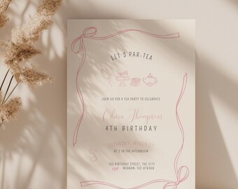 Tea Party Birthday Invitation Template, Pink Bow "Let's Par-Tea" e-vite (Digital Download)