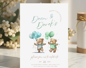 Editable Beary First Birthday Twin Invite Sibling First Birthday Invitations For Twins Boys Teddy Bear First Birthday Invitation Boys Boho
