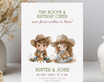 Editable Twins First Rodeo Birthday Party Invitation Joint Rodeo Invite First Birthday Invitations For Twins Sibling Invite Cowboy Cowgirl