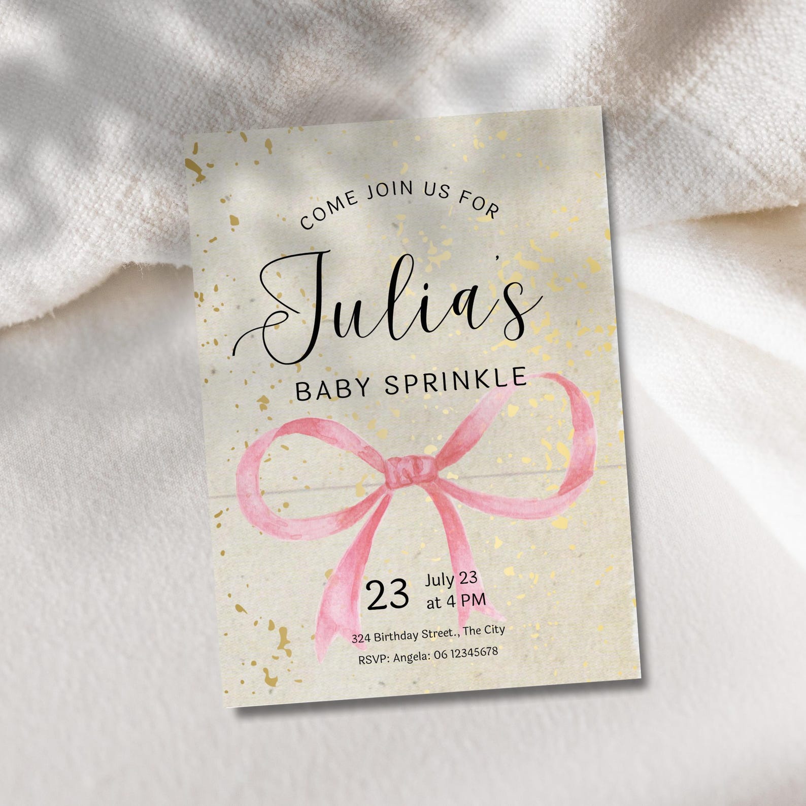 Babyshower Invitation Bow | Elegant Pink and Gold Baby Shower Invite ...