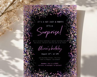 Editable Surprise Birthday Invitation Template Canva, Black Confetti Party Invite