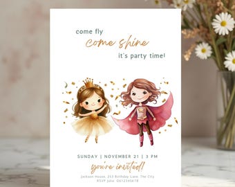 Convite para festa de aniversário de princesa e super-herói, meninas gêmeas, convite de aniversário infantil personalizado para cavaleiros e princesas, modelo de dança conjunta para o 4º aniversário