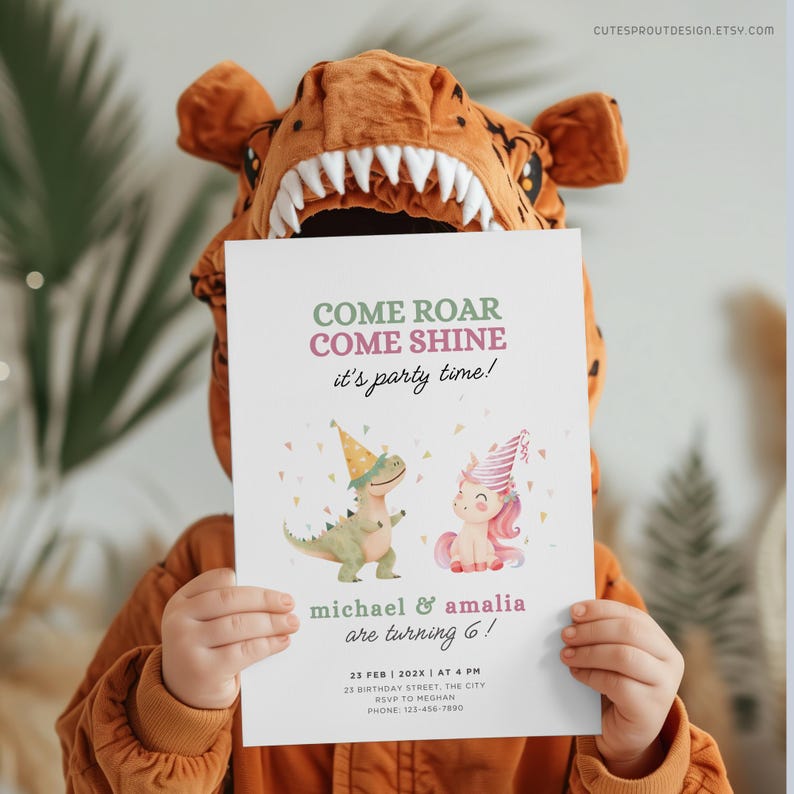 editable unicorn dinosaur twin birthday party invitation
sixth birthday invite twins
Dinosaur Invitation, Unicorn Birthday, Dinosaur And Unicorn,  Dino Unicorn Invite, Dinosaur Party, Unicorn Dragon, Dino Unicorn Party