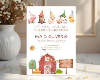 Twin Farm Birthday Invitation Template, Boy Girl Barnyard Party Invite, Ranch 2nd Birthday Siblings, Combined Birthday Party Animals e-vite