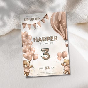 Bear in hot air balloon invitation pink balloon birthday invite air balloon third birthday invite growing up up Girls 3rd Birthday Invite