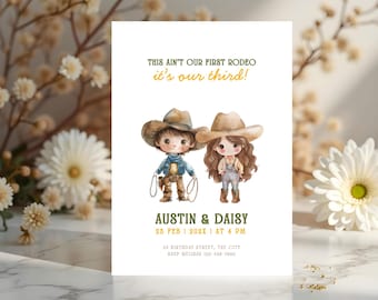Troisième anniversaire de rodéo de jumeaux modifiables, invitation de rodéo commun, Far West pour jumeaux, frère et sœur, invitation de cow-boy, cow-girl, ferme rustique