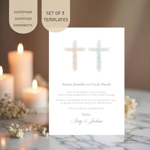 Puede incluir: Una tarjeta blanca con dos cruces florales, una rosa y otra azul, con el texto "Auntie Jennifer en Uncle David". La tarjeta también incluye el texto "¿Seréis nuestros padrinos?" y "Love, Avery & Jackson."