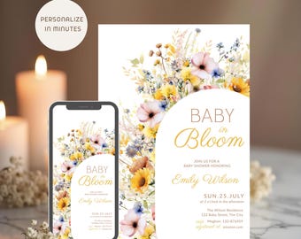 Wildflower Baby Shower Invitation Yellow Floral, Neutral Baby Shower, Printable & Digital Sunflower Theme