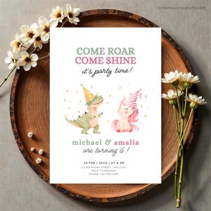editable unicorn dinosaur twin birthday party invitation
sixth birthday invite twins
Dinosaur Invitation, Unicorn Birthday, Dinosaur And Unicorn,  Dino Unicorn Invite, Dinosaur Party, Unicorn Dragon, Dino Unicorn Party