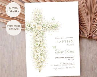 Sage Green Baptism Invitation Template, Botanical Floral Cross Christening Invite, Editable Canva, Luxury Baptism Phone Invitation