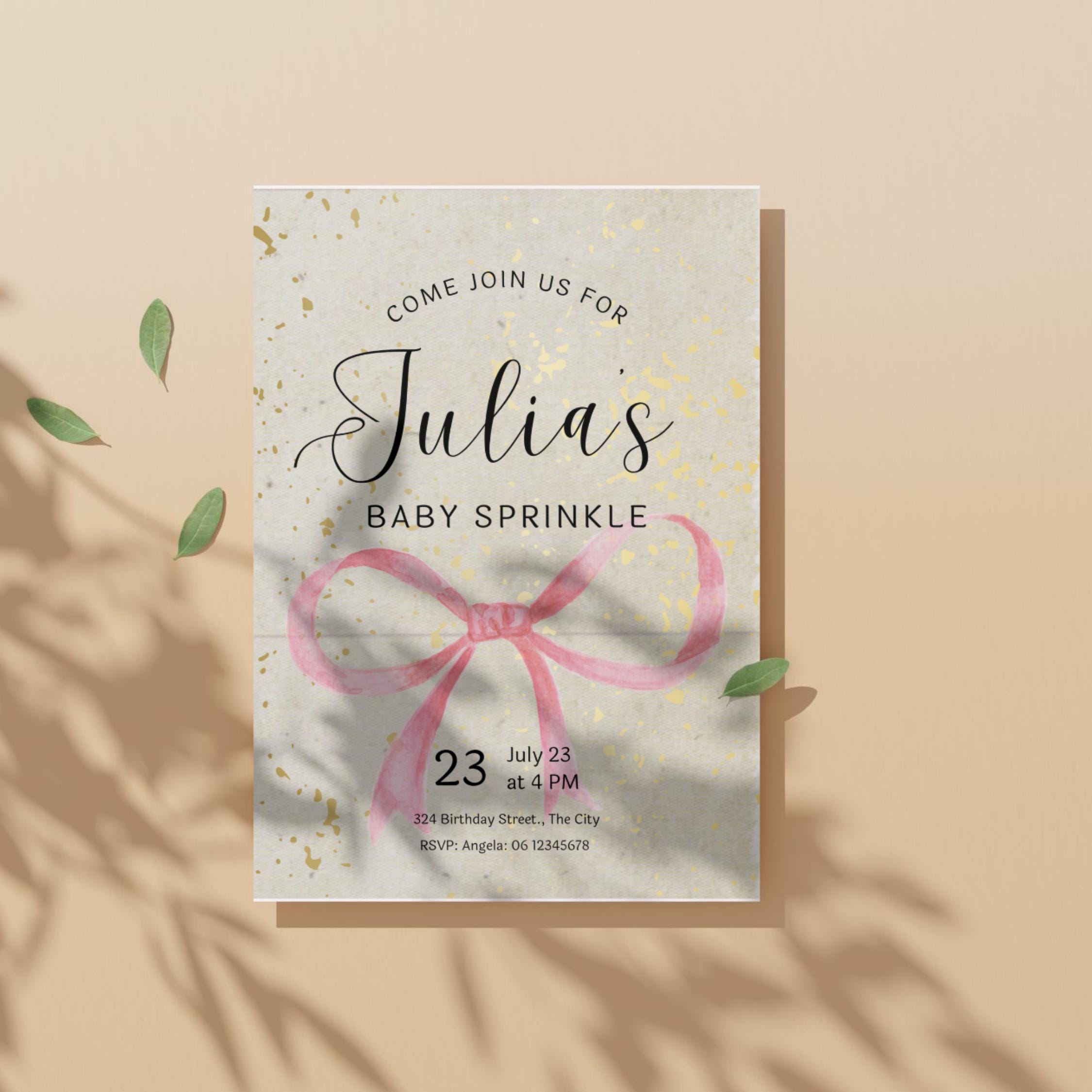 Babyshower Invitation Bow | Elegant Pink and Gold Baby Shower Invite ...