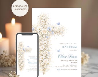 Vintage Floral Boy Baptism Invitation Template, Blue Christening Invite, Editable Baptism Electronic Invitation, Digital & Printable