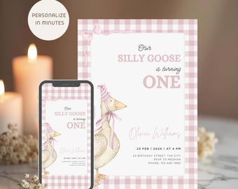 Silly Goose Birthday Invite, Pink Bow First Birthday Girl Printable Invitation