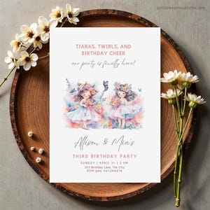 Faire-part pour 3e anniversaire de princesse, modifiable pour jumeaux, fille de fée, modèle d'anniversaire pour frères et sœurs, anniversaire commun, fille de fleur pourpre, 3