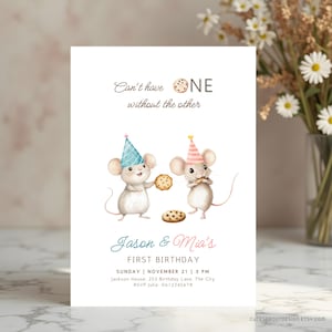 Twin Birthday Invitation Cookie Boy Girl Twin 1st Birthday Invite Twin Mouse Sibling Birthday Invite Mouse Cookie Wild Ones Birthday Twins