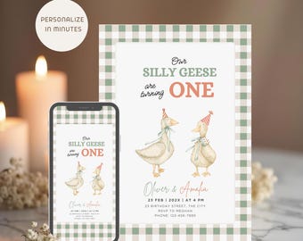 Twin Silly Goose First Birthday Invitation, Green Gingham Double Birthday Invite for Siblings