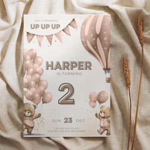 Bear in hot air balloon invitation pink balloon birthday invite air balloon second birthday invite growing up up Girls 2nd Birthday Invite