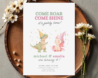 Editable Unicorn Dinosaur Twin Birthday Party Invitation 4th Birthday Twins Invite Sibling Birthday Invitation Double Birthday Invite Fourth