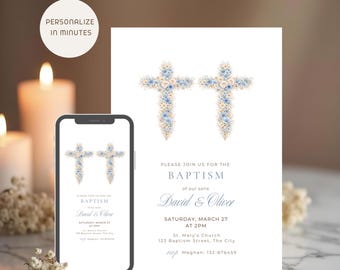 Vintage Floral Christening Invite for Boys, Floral Cross Siblings Baptism Invitation, Duo Celebration Invite for Phone, Canva Template