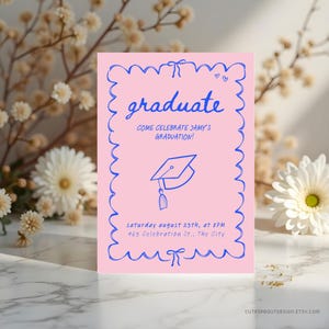 Graduation Invitations Bow And Cap Editable Pink Bow Themed Graduation Invite Coquette Party Minimal Invite Class 2025 Canva Template Pink