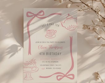 Tea Party Birthday Invitation, Coquette Bow, Girls Pink Party, Editable Canva (Digital Evite)