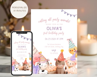 Farm Animals Birthday Invitation Template, Editable Girl 1st Birthday Invite, Pink Barnyard Party Invitation, Phone Invite, Canva Template