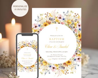 Floral Twin Baptism Invitation, Printable and Digital Christening Ceremony Invite, Sunflower e-vite