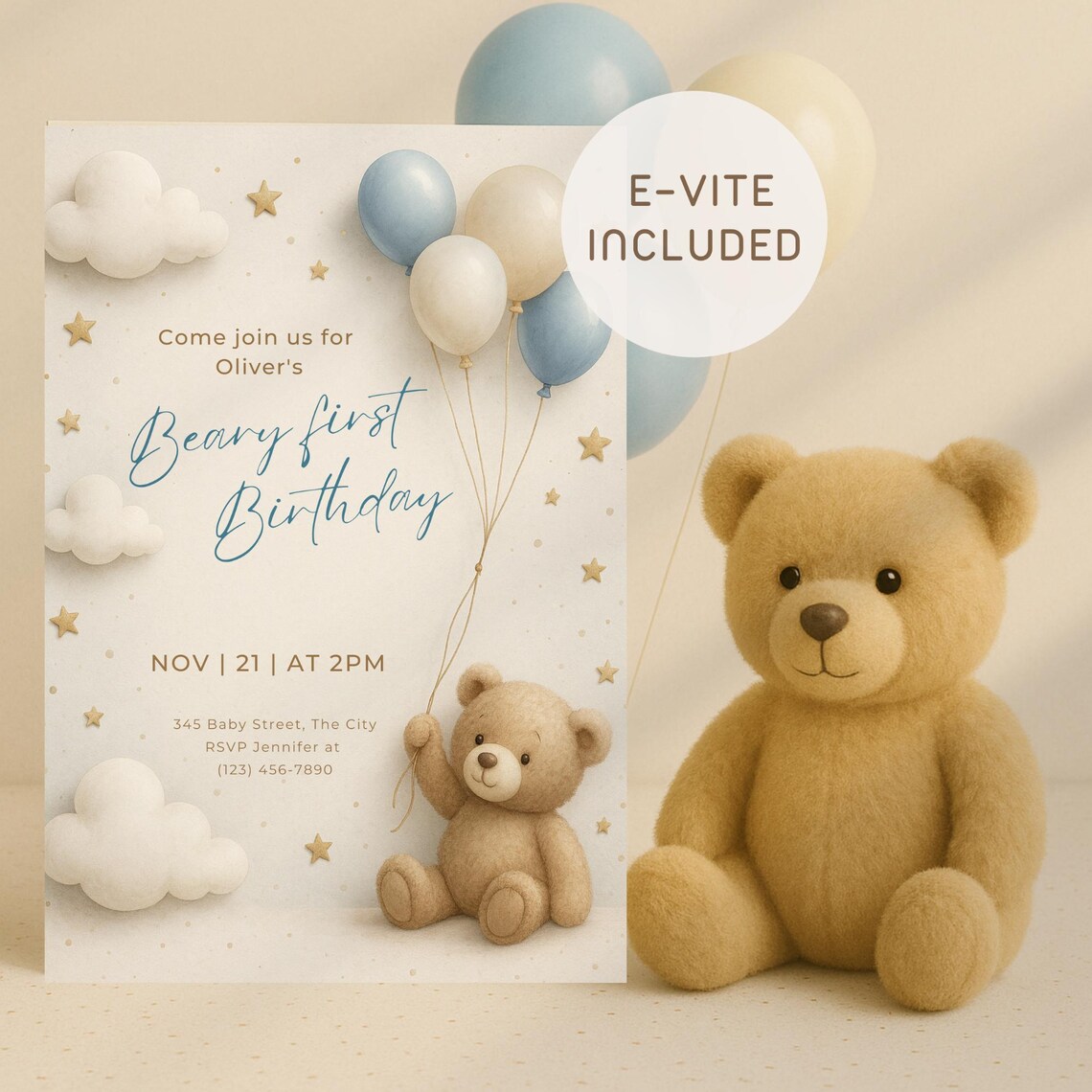 Editable Beary First Birthday Invitation Boy | Blue Teddy Bear Birthday ...