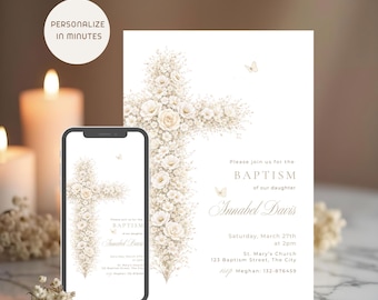Neutral Baptism Invitation Template, Vintage Floral Cross Christening Invite, Editable Canva Baptism Invite Phone, Digital Download