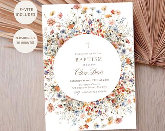 Vintage Floral Baptism Invitation for Boy, Neutral Wildflower Christening Design Editable