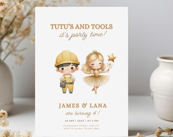 Truck And Tutus Invite for Twins Edit | Custom Boy and Girl Birthday Invitation Brother and Sister | Joint 4th Birthday Invite for Siblings