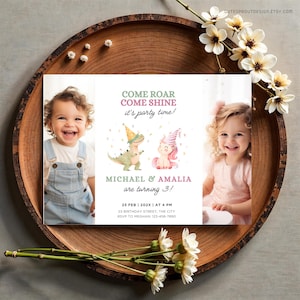 Invitation de fête d'anniversaire de jumeaux dinosaure licorne | Invitation anniversaire frère et sœur avec photo