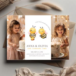 Invito di compleanno personalizzato per bambini, invito di compleanno per fratelli con foto, invito di compleanno per gemelli, seconda ape, invito estivo "Two Cool Summer"