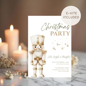 May include: A Christmas party invitation with a watercolor illustration of a nutcracker soldier. The invitation includes the text "Christmas Party", "Let's Jingle & Mingle!", and event details. An "E-VITE INCLUDED" sticker is in the upper right corner.