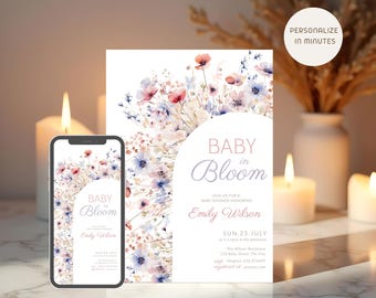 Blue Floral Baby Shower Invitation, Baby in Bloom Boy Invite, Wildflower Print and Digital