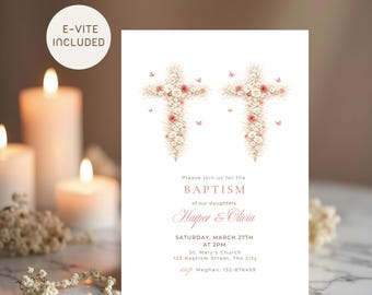 Vintage Floral Baptism Invitation, Twin Girl Baptism Invite Phone, Sisters Christening Invitation, Duo Baptism Invite for Twins