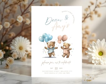Beary First Birthday Twin Invite, Sibling First Birthday Invitations For Twins, Boy Girl First Birthday Brother Sister Double Invite Teddy