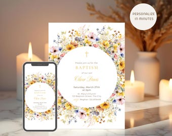 Floral Baptism Invitation for Boy, Editable Christian Christening and Dedication Invite, sunflower e-vite