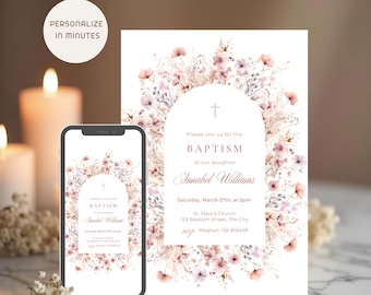 Vintage Floral Baptism Invitation for Girl, Editable Soft Pink Christian Ceremony Invite
