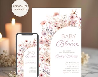 Baby in Bloom Shower Invitation Pink Floral, Girl Baby Shower Invite, Pastel e-vite