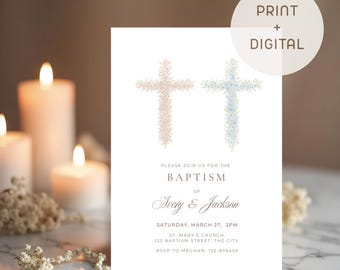Vintage Floral Baptism Invitation | Editable Canva Baptism Template for Siblings | Printable Duo Baptism Invitation for Boy and Girl