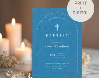 Blue Arch Baptism Invitation Template | Editable Boy Christening Invite | Modern Minimalist Religious Design | Digital Baptism Card e-vite